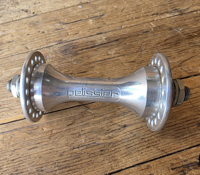 Nabe Vorderrad "PELISSIER", Aluminium, 60/70er Jahre, NOS, 36Loch,  pass. für Schnellspanner 