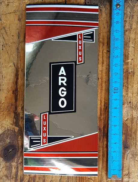 Aufkleber "ARGO Luxus", Grossistenmarke für Sattelrohr, Chromfolie, passend für 60-80er Jahre Fahrräder, orig. alte Neuware, Maße siehe Bild 