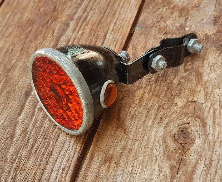 Streben-Rücklicht "HAWE" , orig. 30er Jahre, Luxusmodell mit 2 Kontrollaugen und Echtglaseinsatz 