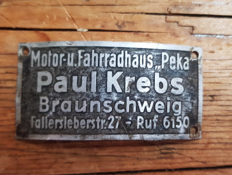 Händler Schutzblech Schild "PEKA Braunschweig", original aus Händlernachlaß für Motorfahrrad u. Motorrad, GEBRAUCHT 