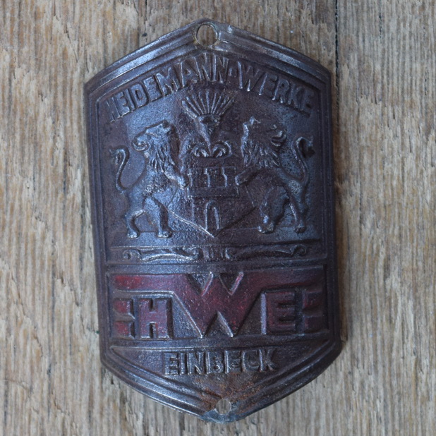 Steuerkopfschild HWE HEIDEMANN-WERKE EINBECK, 50er Jahre, Originalschild aus Sammlungsbestand 