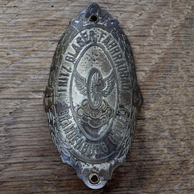 Steuerkopfschild FRITZ GLASER FAHRRADBAU, 20er Jahre, Originalschild aus Sammlungsbestand 