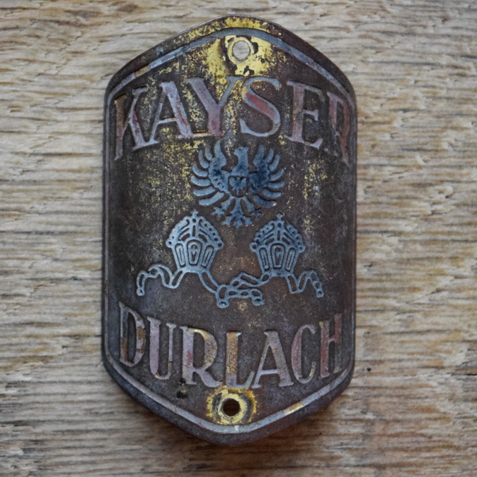 Steuerkopfschild KAYSER DURLACH, 30er Jahre, Originalschild aus Sammlungsbestand 