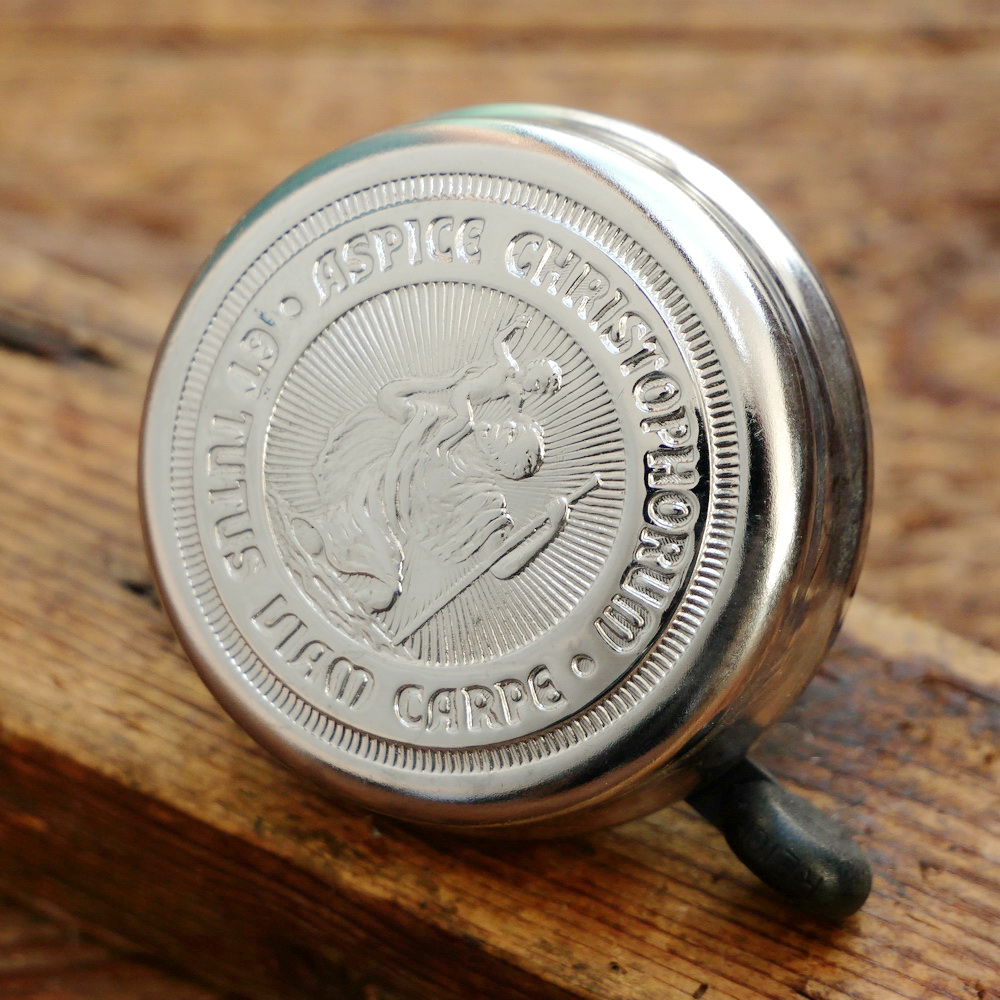 Fahrrad/Moped Klingel Motiv Christopherus, orig. 70er/80er Jahre, verchromt, NOS 