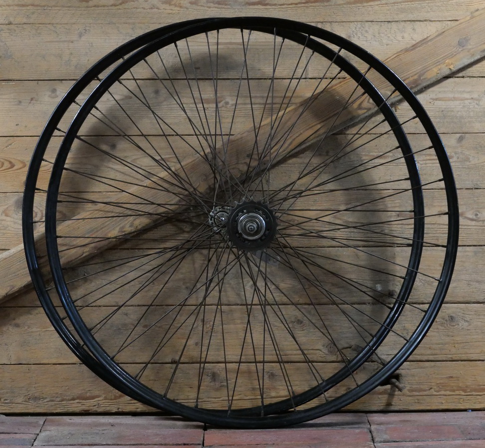 Laufradsatz 28 Zoll (622), für Drahtbereifung, 1938, Naben: ungemarkt verchromt / F&S Torpedo verchromt, gebr. 