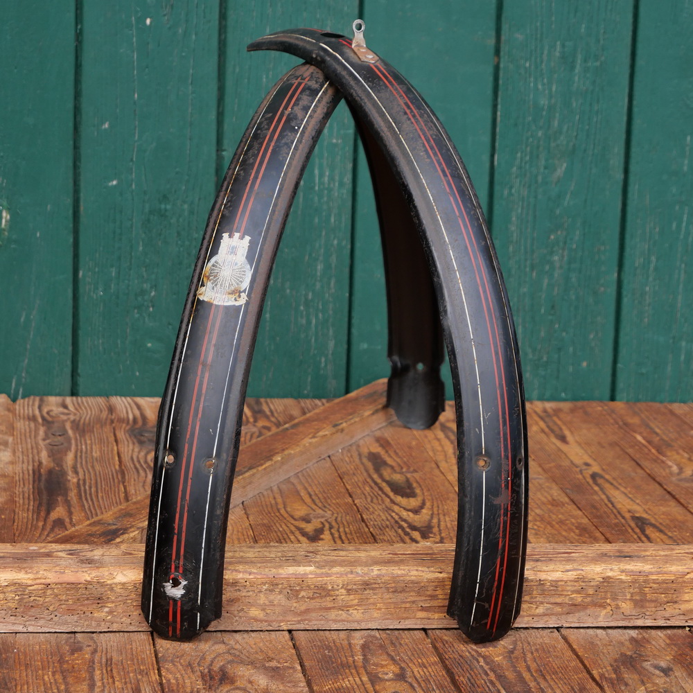 Schutzbleche Satz GÖRICKE, 28 Zoll, Damenausführung, 30er J., schwarz, Linien rot/weiß, gebr. 