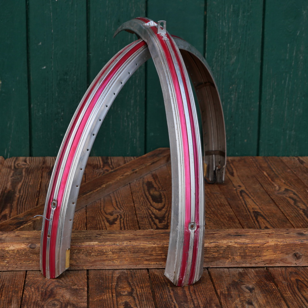 Schutzbleche Satz NSU, 26 Zoll, Damenausführung, 60er/70er J., Feran, Linien rot-metallic, gebr. 