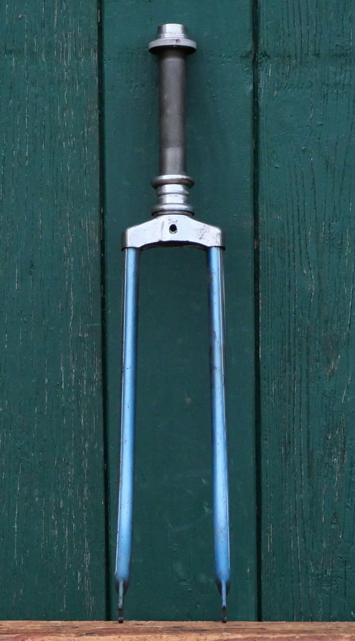 Fahrradgabel 26 Zoll NSU, blau-metallic/weiß, Linien gold/weiß, für Tourenrad 50er J., inkl. orig. Steuersatz, gebr. 