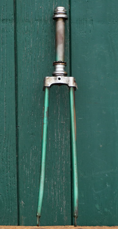 Fahrradgabel, 28 Zoll, grün-metallic/silber, Linien rot, für Sportrad, 50er J., inkl. Steuersatz, gebr. 