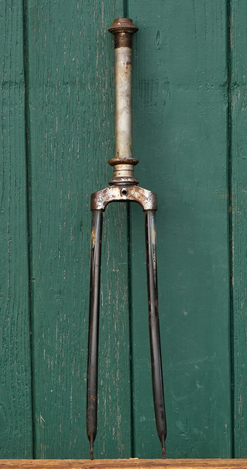 Fahrradgabel, 26 Zoll (26 x 2.00), schwarz, Linien weiß/blau, für Ballonrad, 30er J., inkl. Steuersatz, gebr. 