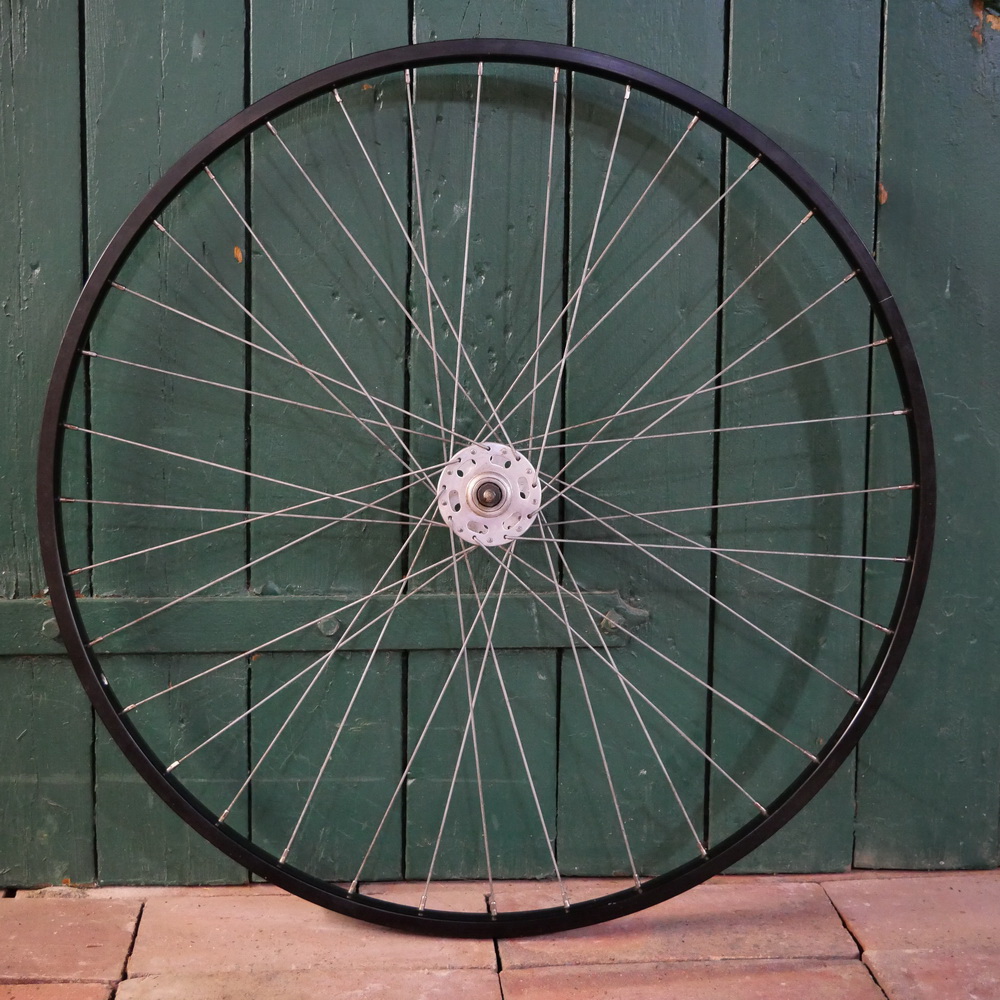 Vorderrad GRÜNERT, 28 Zoll(622), Alu, schwarz, für Drahtreifen, original 1978, NORMANDY Hochflanschnabe, NOS 