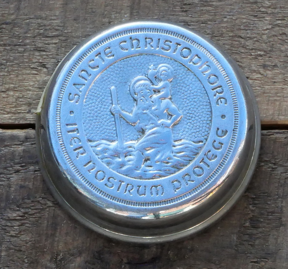 Fahrrad/Moped Klingel Deckel "SANCTE CHRISTOPHORE", orig. 50er Jahre, verchromt, ohne Unterteil, ggf. Gebrauchsspuren 