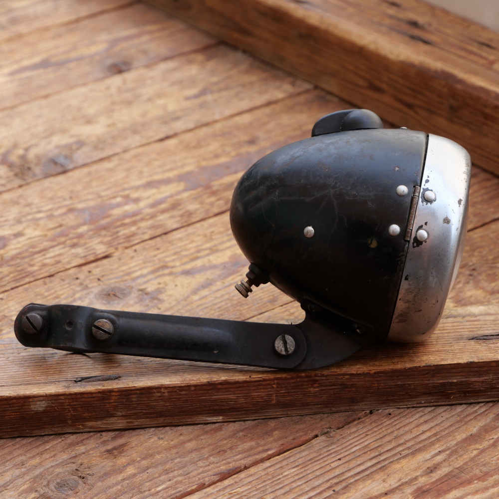 Scheinwerfer Melas, für Fahrrad, orig. 30er J., schwarz/chrom, Durchmesser ca. 10 cm,  gebr. 