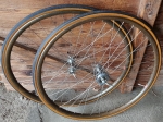 Laufradsatz m. Holzfelgen für Rennrad, Halbrenner etc., unbenutzt aus Austellungsrad, 28" Drahtreifen, Naben verchromt 