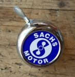 Moped Motorfahrrad Glocke / Klingel "SACHS"  klassische Glocke mit blauem Sachs Logo , verchromter Deckel, Unterteil verzinkt mit Metalldrücker 