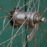 Hinterrad mit WEINMANN Alu-Felge 26 Zoll (559), 1960er J., F&S Torpedo Dreigang-Nabe Mod. 515, gebr. 