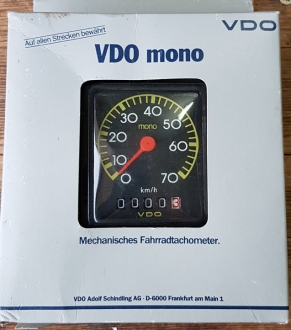 Tachometer "VDO mono", NOS, schwarz, ca. 65 x 80 mm,  je nach mont. VDO Antreiber  f. 20"-28" passend 