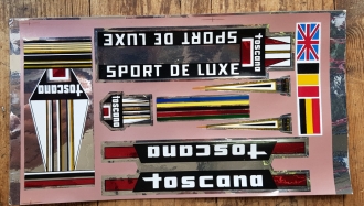 Aufklebersatz  "TOSCANA", univ. Folienaufkleber passend für 70-80er Jahre Fahrräder, orig. alte Neuware. 