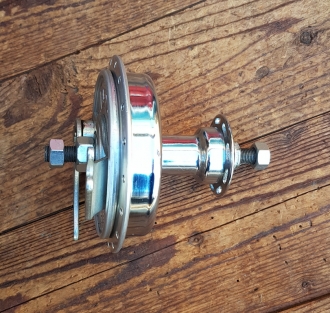 Nabe Vorderrad Fahrrad oder kl. Motorfahrrad, JOS Trommelbremsnabe, verchromt, 36 Loch, Einbaumaß ca. 97 mm,  NOS 