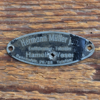 Händlerschild für Lampe/Dynamo HERMANN MÜLLER JUN., 30er Jahre, Original aus Sammlungsbestand 