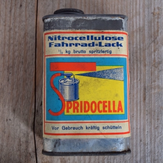 Blechdose "SPRIDOCELLA NITROCELLULOSE FAHRRAD-LACK" orig. 30 er Jahre, 145 x 85 x 65 mm, mit Restinhalt 
