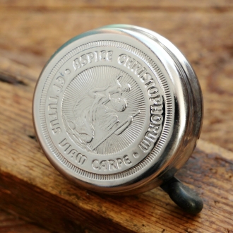 Fahrrad/Moped Klingel Motiv Christopherus, orig. 70er/80er Jahre, verchromt, NOS 