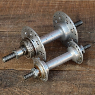 Nabensatz Fahrrad OFMEGA, Alu Hochflansch, 70er J., Einbaumaße ca. 98mm/117mm, 36 Loch, gebr. 