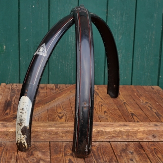 Schutzbleche Satz DÜRKOPP, 28 Zoll, Damenausführung, 30er J., schwarz, Linien rot/weiß, gebr. 