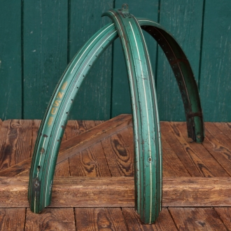 Schutzbleche Satz NSU, 28 Zoll, Damenausführung, 50er J., grün-metallic, Linien rot/weiß, gebr. 