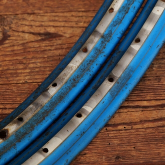 Felgensatz, 26 Zoll (559), Westwood, blau-metallic, Linien gold/Mitte weiß geflammt, 50er J., gebr. 