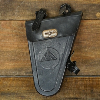 Werkzeugtasche LOHMANN für Herrenrad, Pappe lackiert, Klappe Leder, schwarz, original 40er J.,/WW2, NOS 