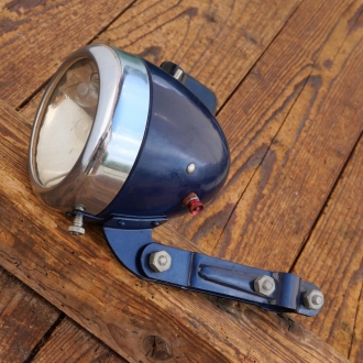 Scheinwerfer HAWE, 1930er J., blau lackiert/verchromt, Durchmesser 9,5cm, NOS 