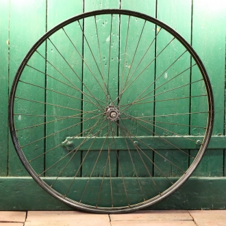 Laufrad vorn 28 x 1,75 für Drahtbereifung, schwarz, Linierung weiss/weiss, 1950er-60er J., gebr.  