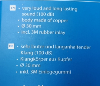 Glocke "PING", 100 DB extralaut und langanhaltend !  für Rennrad/Sportrad, Kupfer galv. poliert, D=30mm 